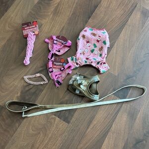 Pink Holiday Dog Outfit + Pink Harnesses & Leash Set